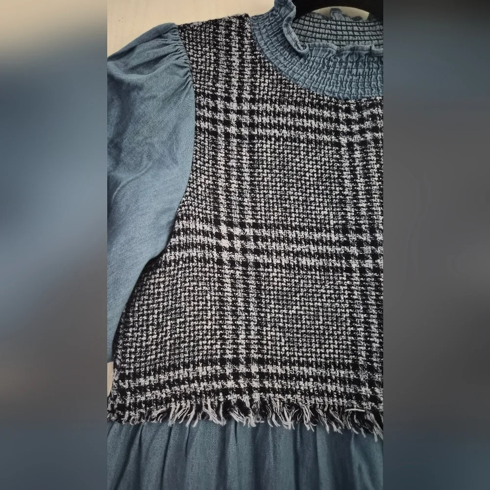 Zara Nwt Chambray Tweed A-Line Smocked Neck Puff Short Sleeve Sz Small